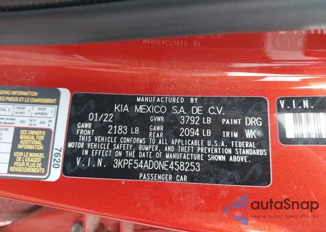 2022 Kia Forte Gt-Line from USA, damaged, VIN 3KPF54AD0NE458253